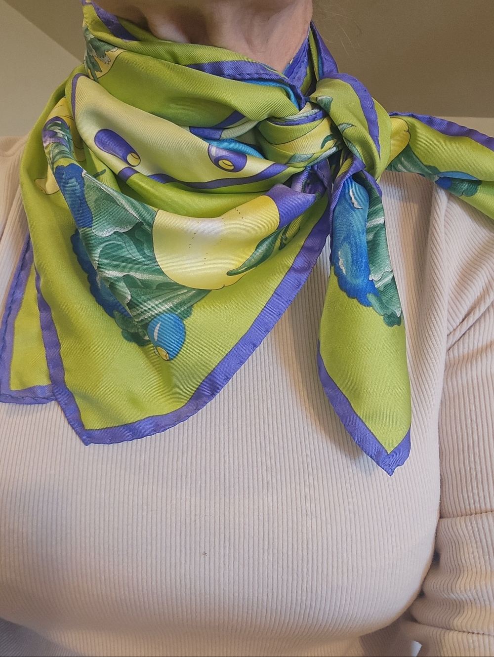 100% silk scarf, 34x34" Square, Lime Green & Purple Fruits/veggies